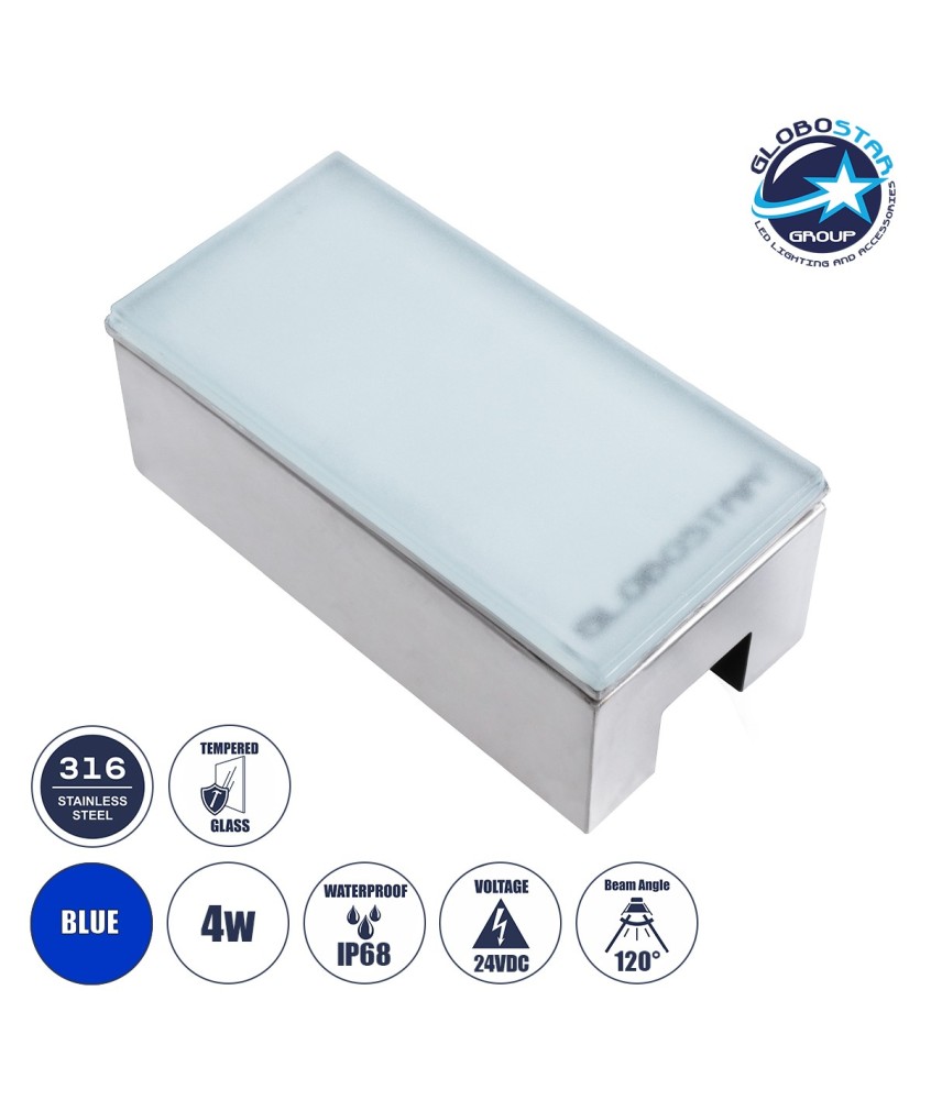 GloboStar® CYBOLITHOS 60952 Χωνευτό Φωτιστικό Σποτ Δαπέδου LED 4W 400lm 120° DC 24V Αδιάβροχο IP68 IK06 Μ20 x Π10 x Υ8cm Μπλε Dimmable - Tempered Γαλακτερό Γυαλί & Ανοξείδωτο Ατσάλι - Bridgelux Chip - 3 Χρόνια Εγγύηση